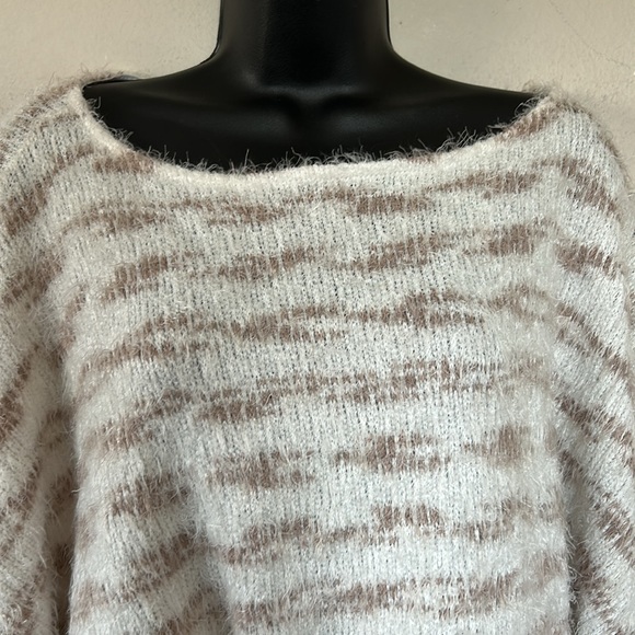 Jolie Cream and Brown Fuzzy Striped Dolman Sleeve Boat Neck Sweater - Picture 2 of 6